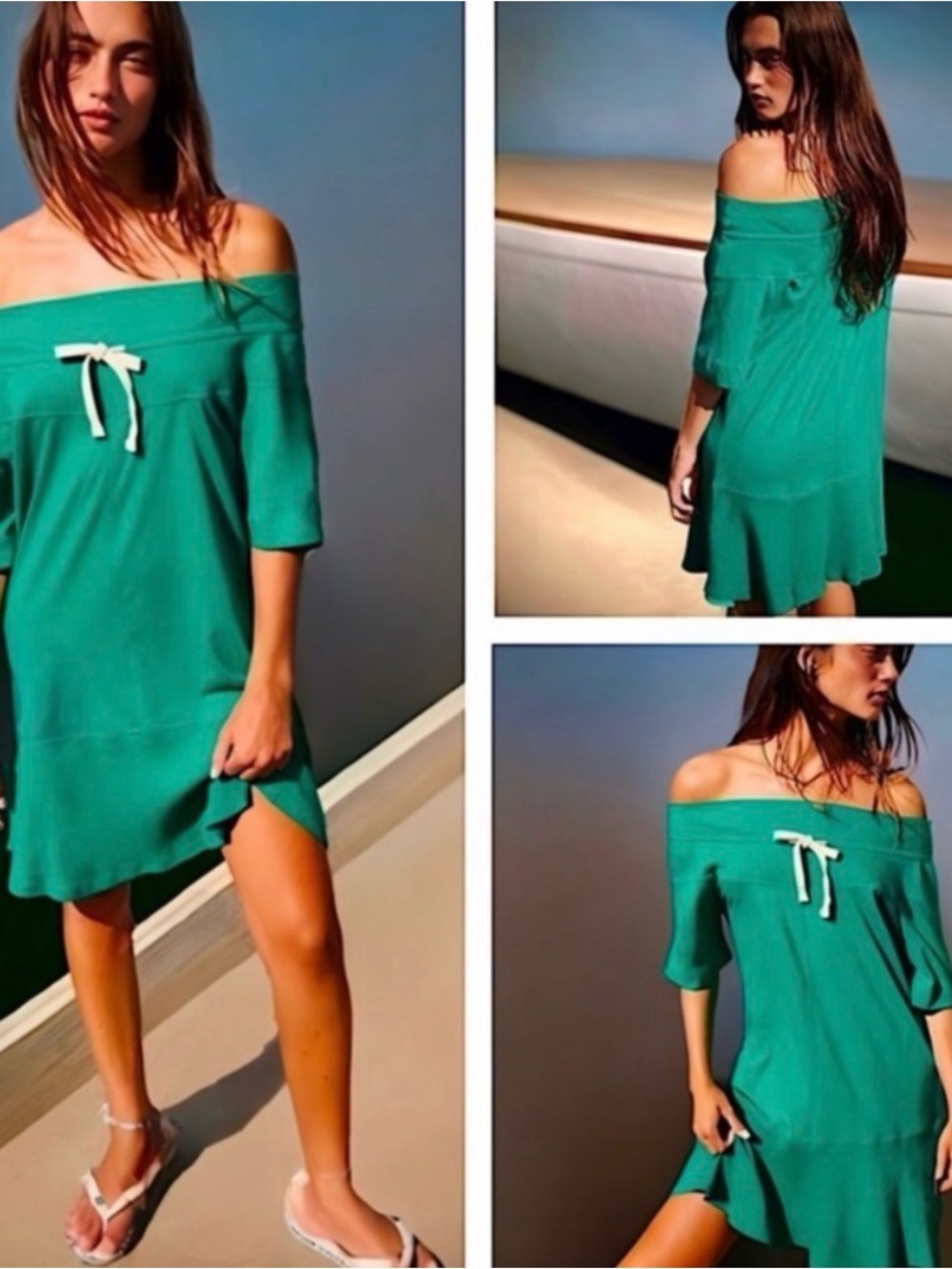 NWT Free People Beach Gemma Mini Off the Shoulder Dress in Cadmium Green Size L